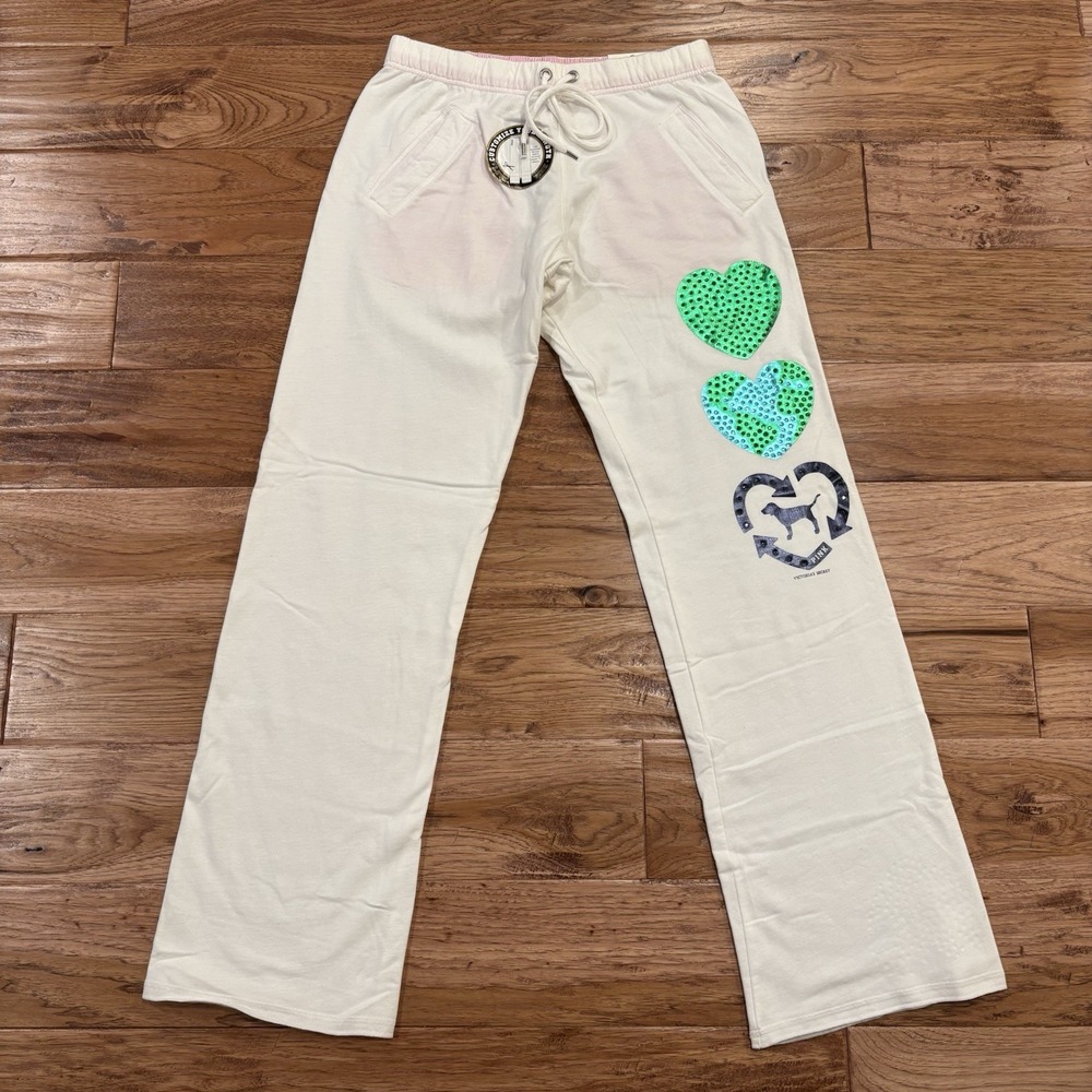 NWT VTG Y2K VS PINK Sequin Heart Wide Leg Sweatpants XS White Bling Deadstock